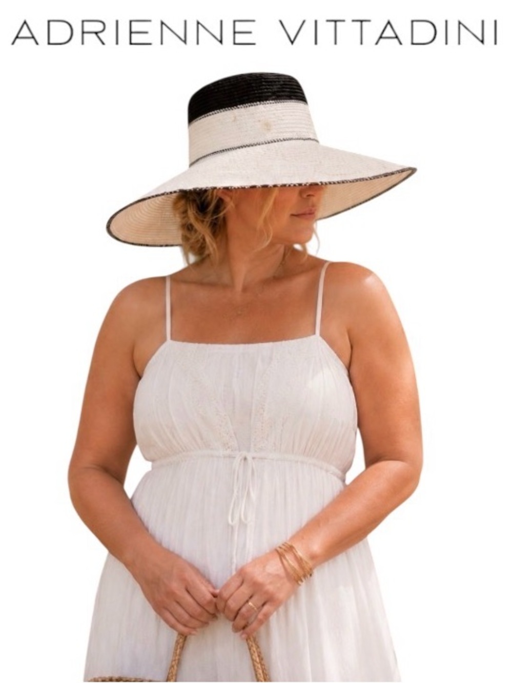 Adrienne Vittadini Large Brim Straw Color Block  Hat, Ivory/Black